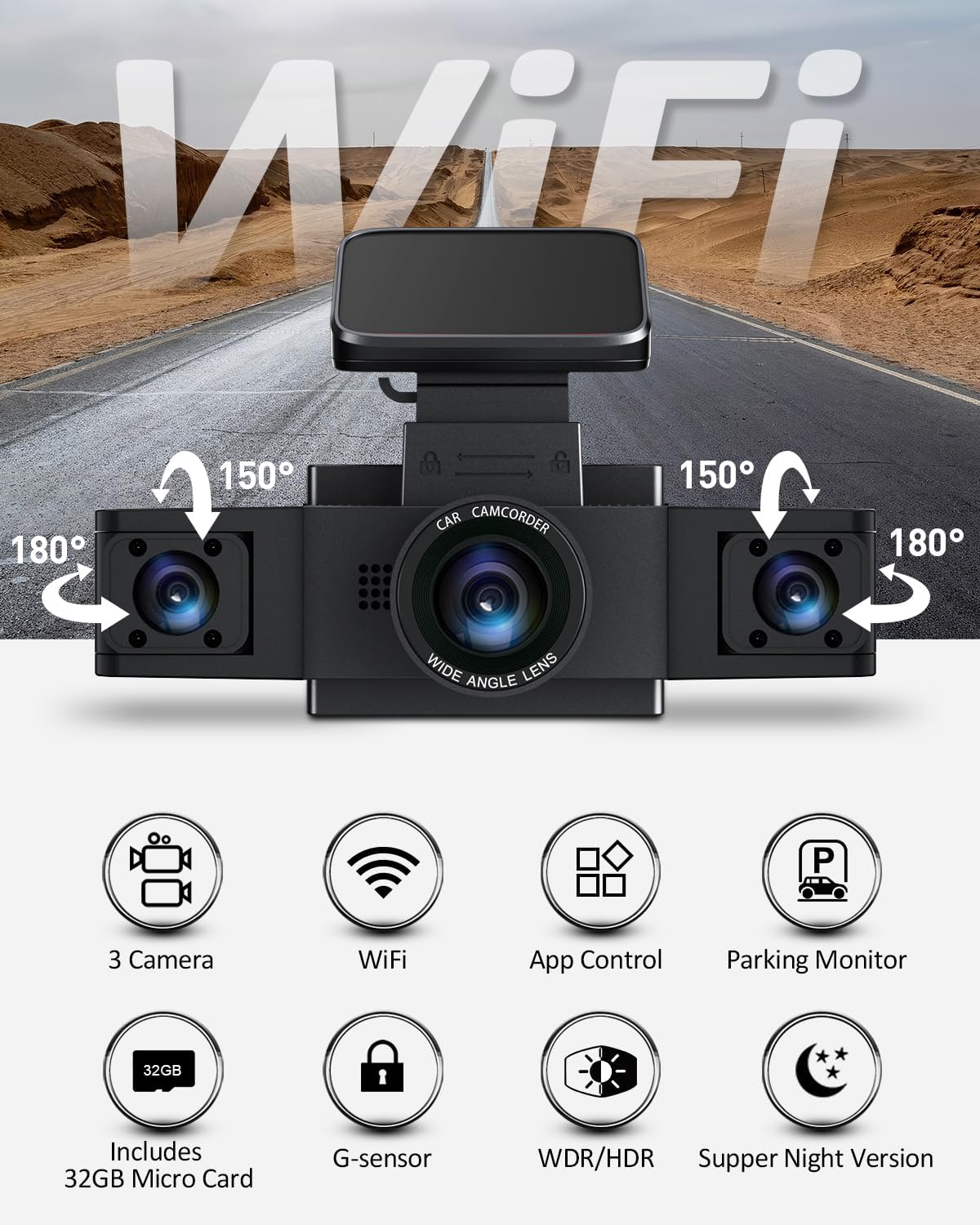 3 Channel 1080P WiFi Dash Cam,Car Recorder Front and Inside Left/Right, Free 32G Card, Dash Camera Loop Recording, Triple Camera for Cars 24 Hours/7 Parking Monitor, Wide Angle, IR Night Vision