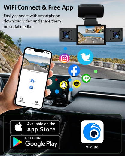 3 Channel 1080P WiFi Dash Cam,Car Recorder Front and Inside Left/Right, Free 32G Card, Dash Camera Loop Recording, Triple Camera for Cars 24 Hours/7 Parking Monitor, Wide Angle, IR Night Vision