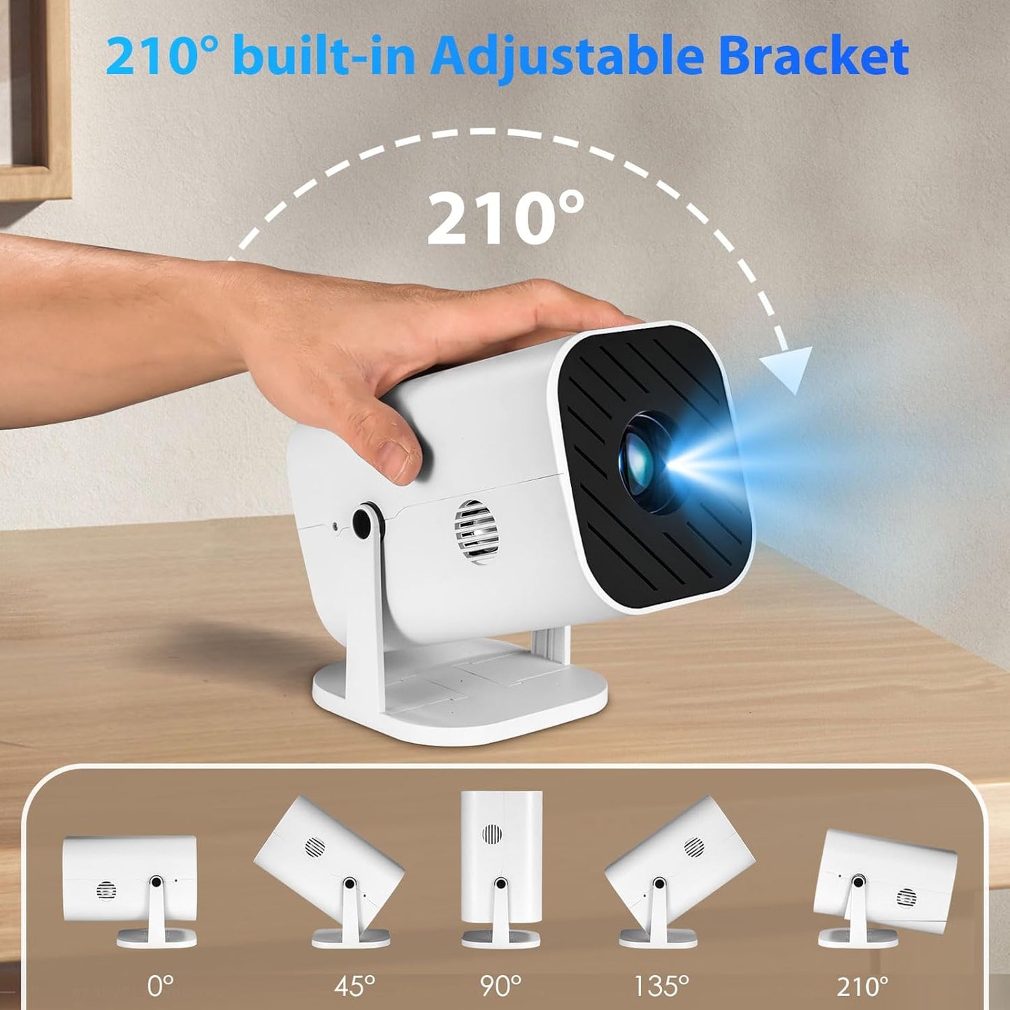 1080P Portable Projector (Built-in Speaker and Bluetooth 5.3), 210°Rotatable, Compatible with 4K, Mini Movie Projector, Supports Smartphones/Video
