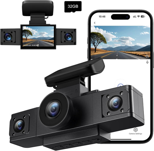 3 Channel 1080P WiFi Dash Cam,Car Recorder Front and Inside Left/Right, Free 32G Card, Dash Camera Loop Recording, Triple Camera for Cars 24 Hours/7 Parking Monitor, Wide Angle, IR Night Vision