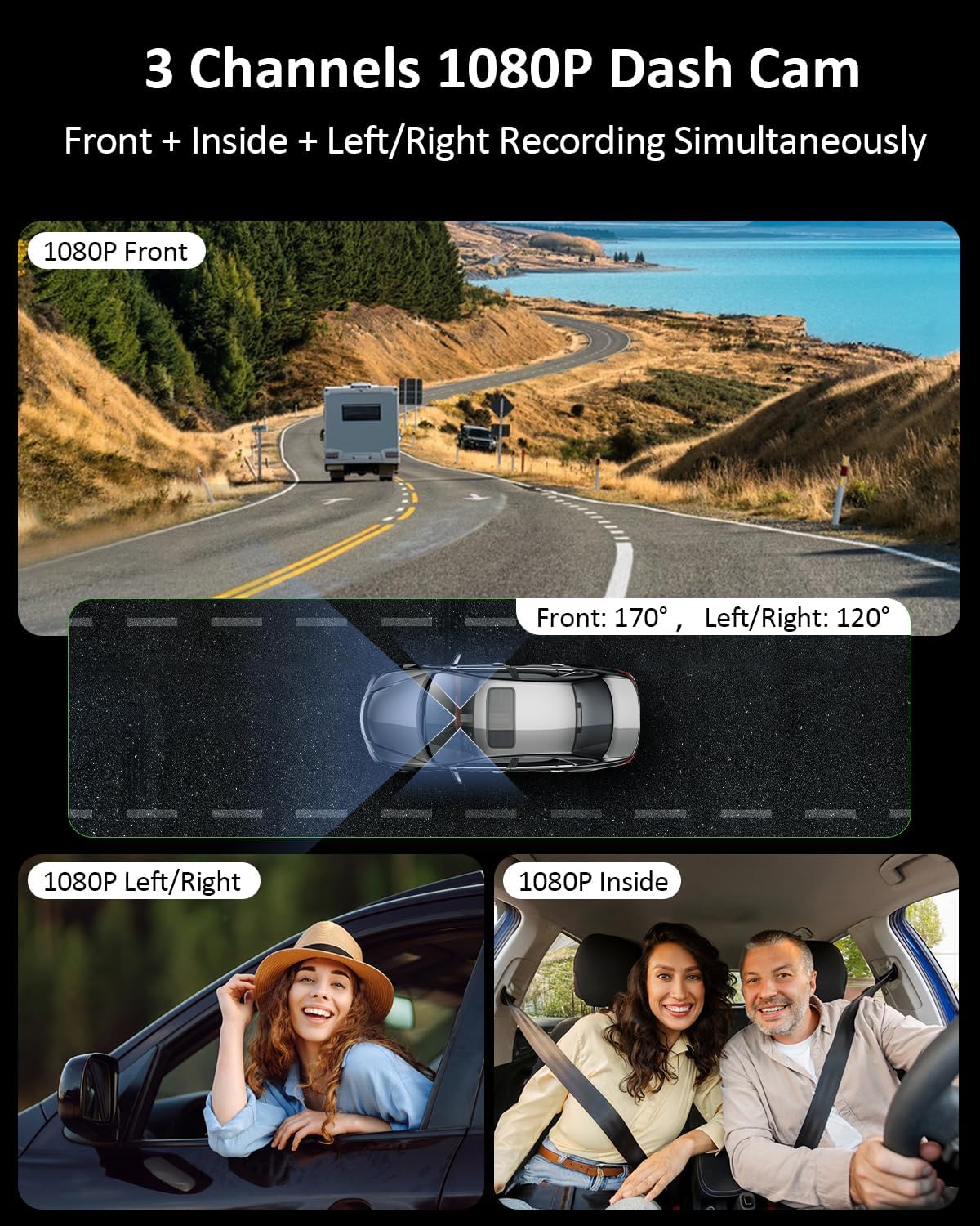 3 Channel 1080P WiFi Dash Cam,Car Recorder Front and Inside Left/Right, Free 32G Card, Dash Camera Loop Recording, Triple Camera for Cars 24 Hours/7 Parking Monitor, Wide Angle, IR Night Vision