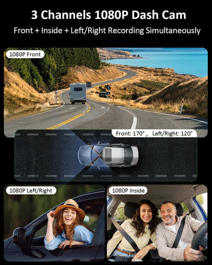 3 Channel 1080P WiFi Dash Cam,Car Recorder Front and Inside Left/Right, Free 32G Card, Dash Camera Loop Recording, Triple Camera for Cars 24 Hours/7 Parking Monitor, Wide Angle, IR Night Vision