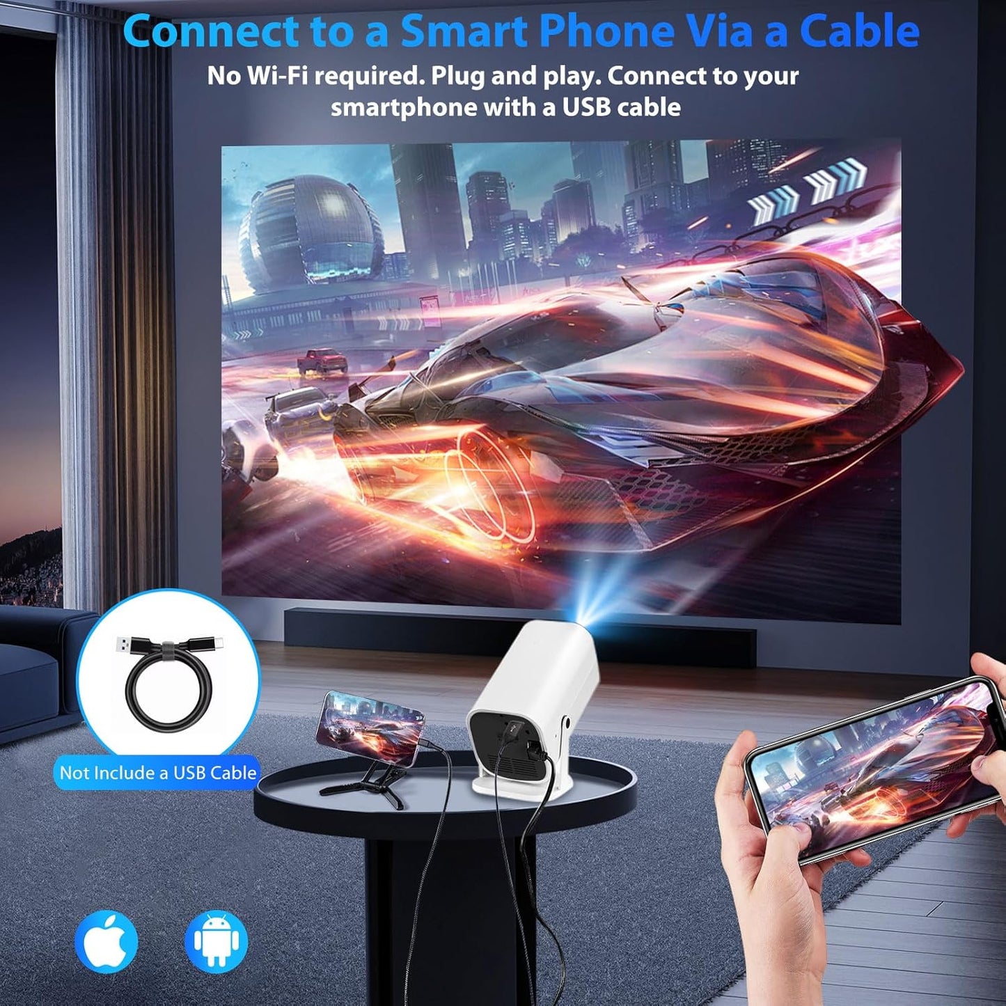 1080P Portable Projector (Built-in Speaker and Bluetooth 5.3), 210°Rotatable, Compatible with 4K, Mini Movie Projector, Supports Smartphones/Video