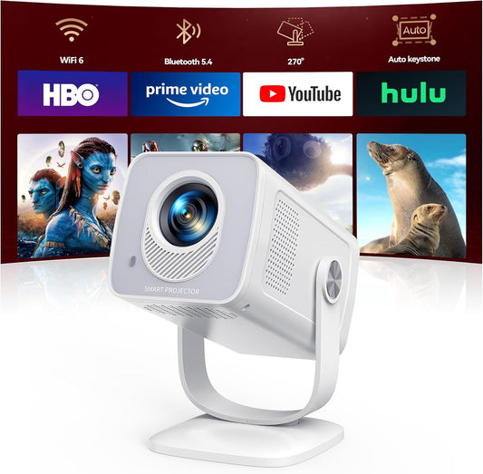 Mini-Projector with WiFi6 and Two-Way Bluetooth5.4, 4K 1080P Support Portable-Projector, Auto Keystone 270° Rotation Outdoor Movie-Projecteur for Phone/HDMI/TV Stick,White